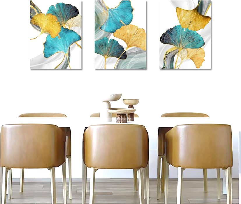 Obraz Ścienny Złote Liście Drewniana Rama 50x70 cm Zestaw 3 Sztuki