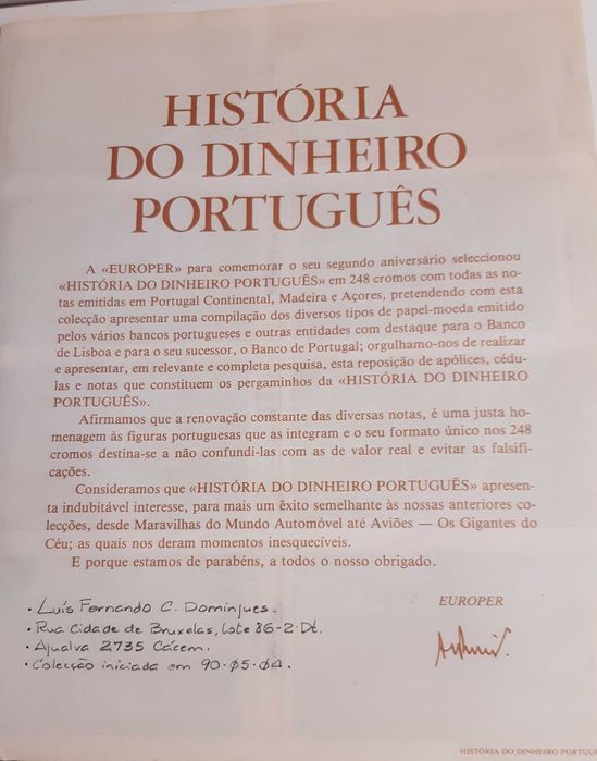 Caderneta de Cromos "História do Dinheiro Português"