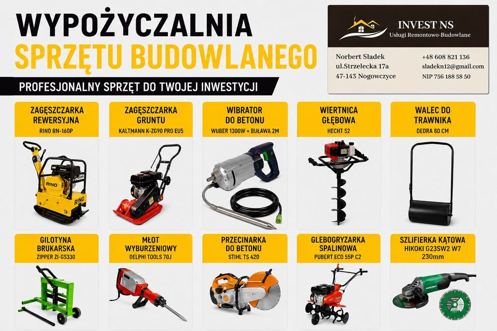 Zagęszczarka 90kg 150kg z rewersem, glebogryzarka, gilotyna do kostki, wiertnica