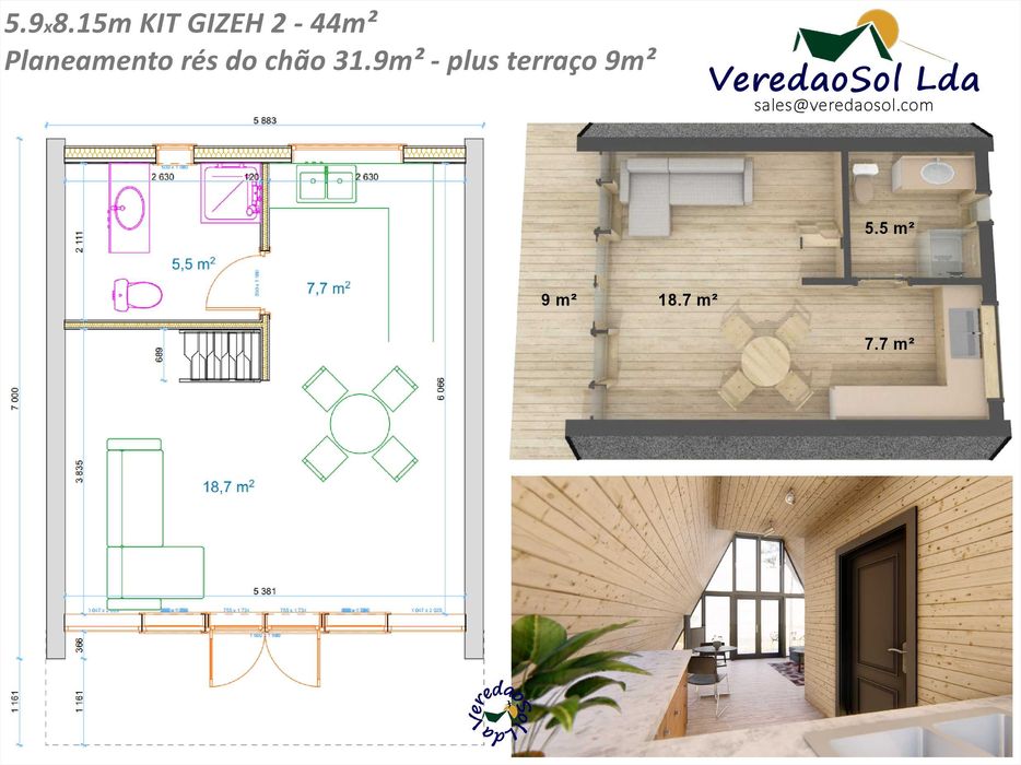 Casa Madeira GIZEH 2 - 44m² c. mezzanine - Préfab. - Preço imbatível