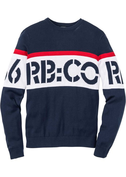 Sweter męski niegruby granatowy w czerwono-biały wzór R 48/50