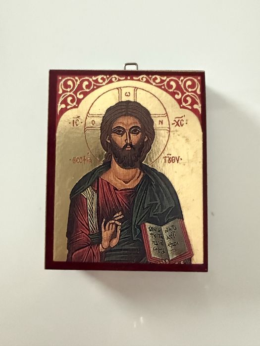 Ikona bizantyjska wykonana na drewnie - Chrystus Pantokrator, 6x5 cm
