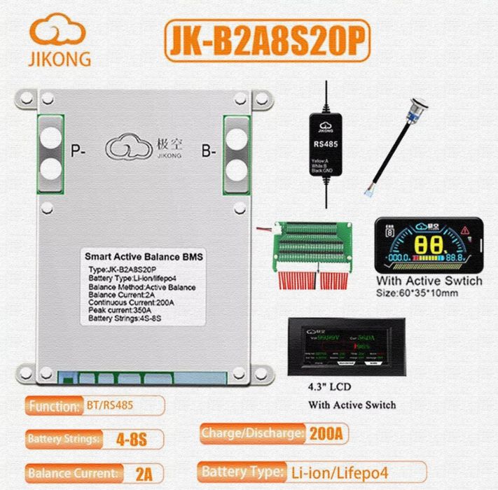 BMS JK 4S 8S 200A 1A / 2A активний баланс LiFePO4 12V 24V JK_B2A8S20PH