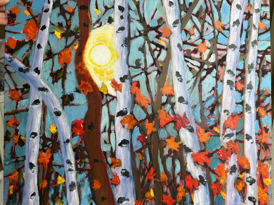 „Jesienny blask" – obraz olejny 40x50 cm, abstrakcja natury, w ramie