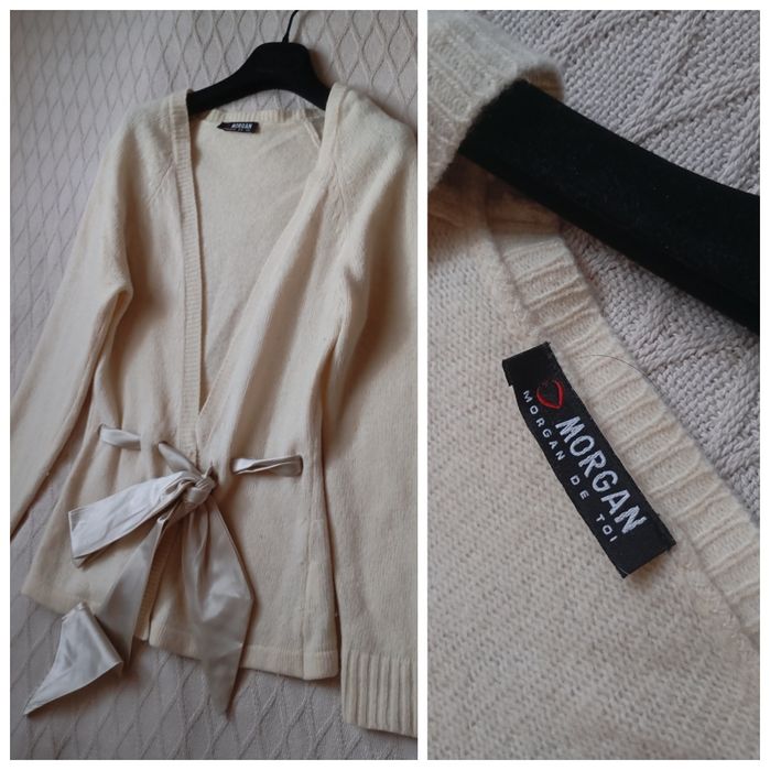 MORGAN S elegancki markowy wełniany kardigan śmietankowy ecru paskiem