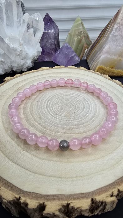 Браслет з каміння Рожевий кварц з намистиною з Лабрадору