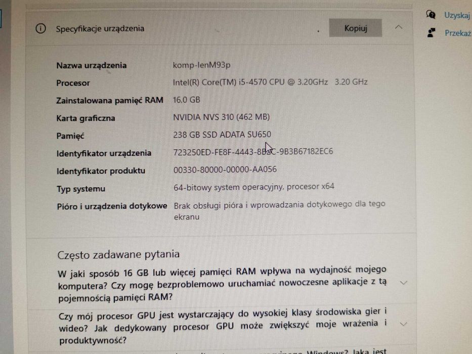 Komputer Lenovo IBM ThinkCentre M93P CPU i5 16GB SSD
