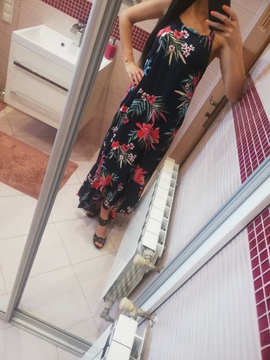 Długa maxi sukienka letnia plażowa kwiaty hiszpanka 40 L 42 XL