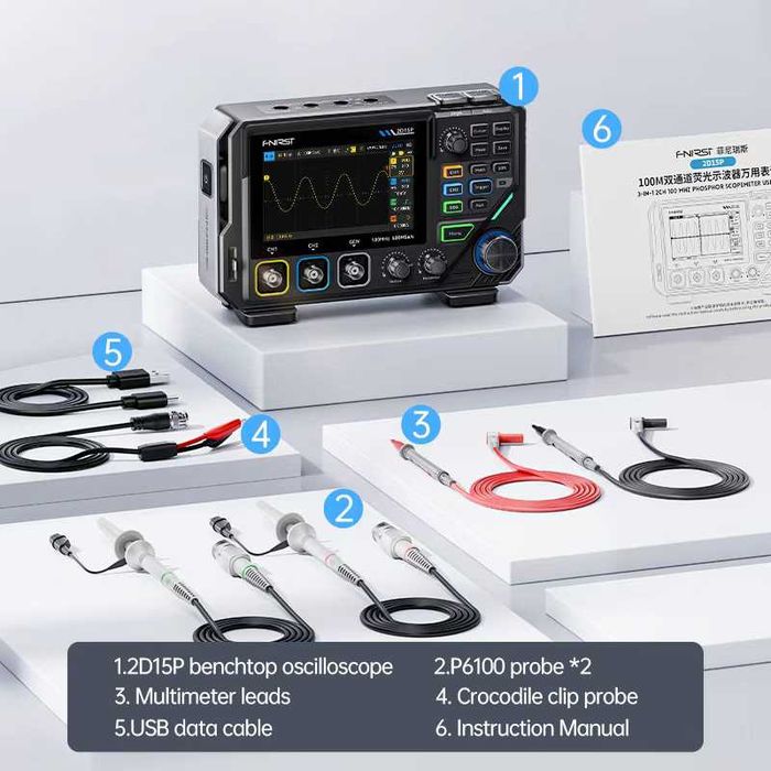 Osciloscópio 2 canais 100Mhz 500MSa/s + multímetro e gerador de sinais