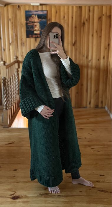 Кардиган із шерсті XS–S Handmade | Теплий ізумрудний, оверсайз