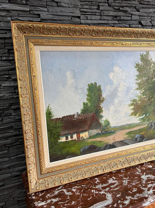 Obraz olejny malowany na płótnie wiejska chata piękna rama złota