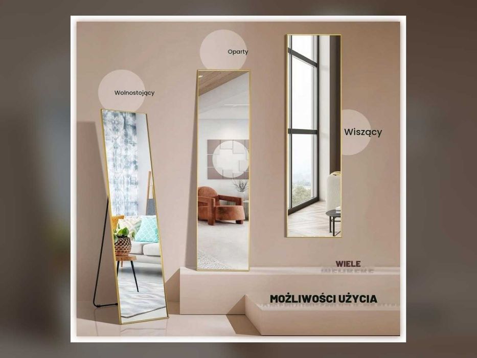 Nowe Lustro Stojące 160x40 cm Podłogowe Wolnostojące Ścienne 2w1 Złota Rama Duże