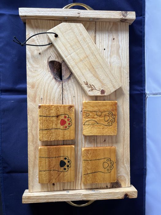 Pack rustico tabuleiro + pousa copos + tabua de servir