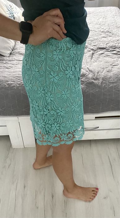 Miętowa koronkowa spódnica damska 38 M
