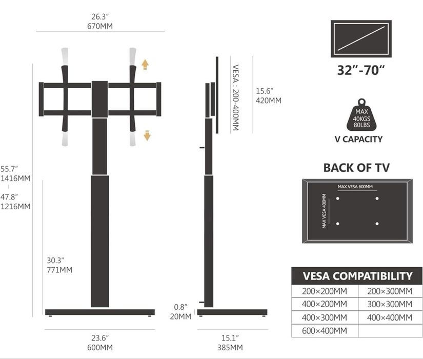 Suporte de TV de pé, ecrãs de 32 a 70 polegadas, VESA de 100 x 100 a 600 x 400 mm.