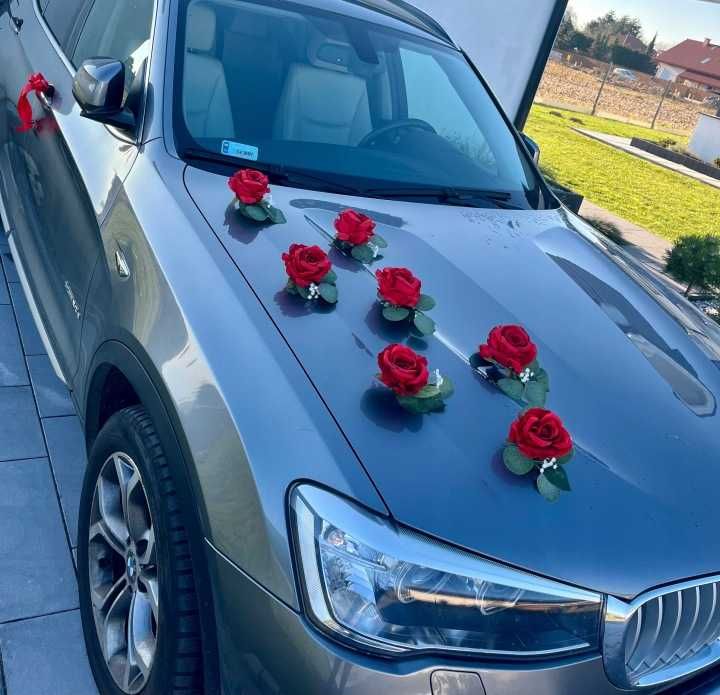 Dekoracja samochodu na samochód auto bukieciki róża gipsówka kwiaty