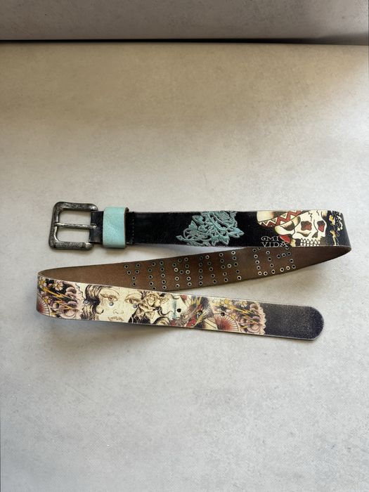 Кожаный ремень Ed Hardy мужской с заклепками в стиле Y2K (оригинал)