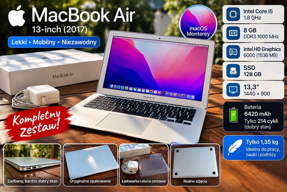 MacBook Air 13” 2017 i5 – idealny na studia! 214 cykli