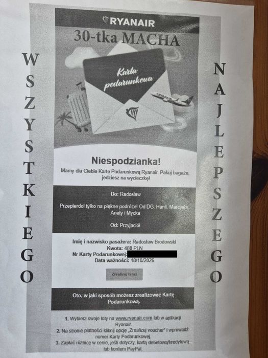 Voucher / Karta podarunkowa Ryanair 480 PLN – ważny do 18.10.2026 r