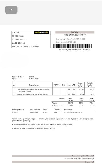 JBL PartyBox Wireless Mic – 2 mikrofony – praktycznie nowe, kupione 07.09.2026