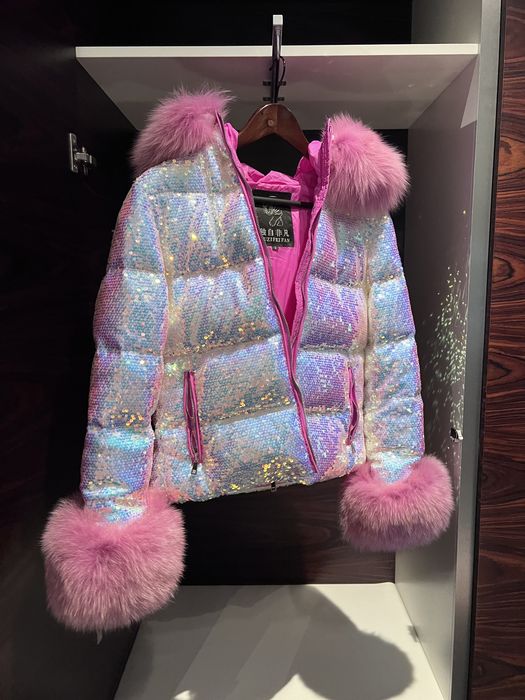 Piękna kurtka jak flo clo 100 % puch naturalny zimowa cekiny lis