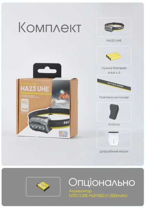 Nitecore HA23 UHE Налобний Ліхтар з Універсальним Живленням 600 Люмен