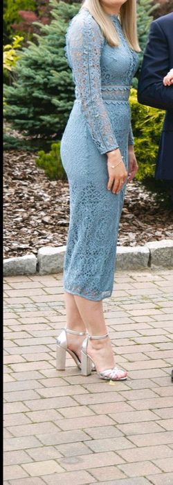 Asos niebieska ołówkowa sukienka z długim rękawem z koronki rozmiar M