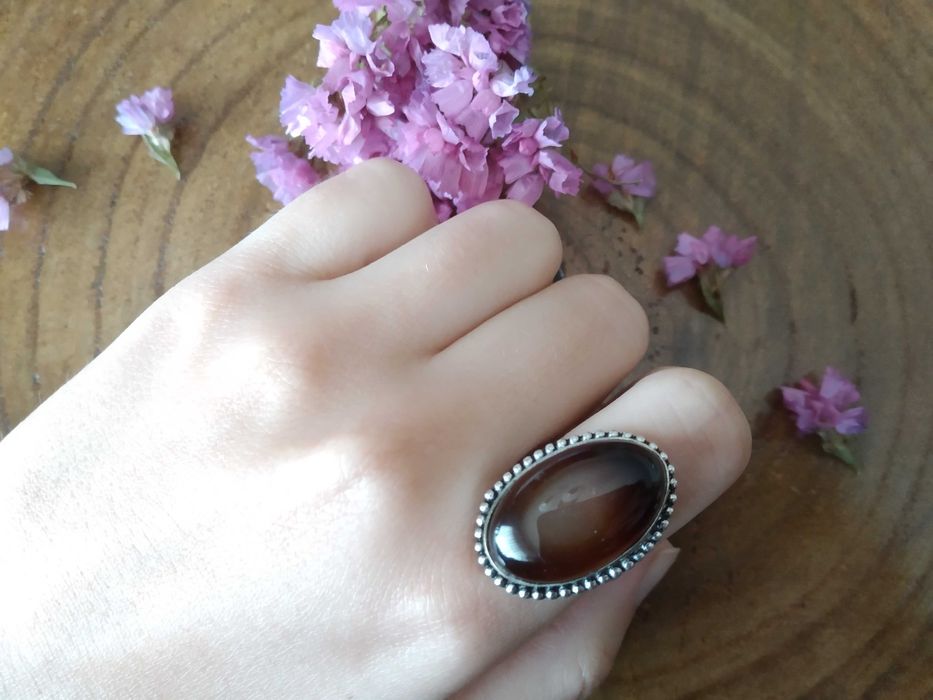 (NOVO, PORTES GRÁTIS) Anel Indiano de Prata 925 e Ágata Feito à Mão