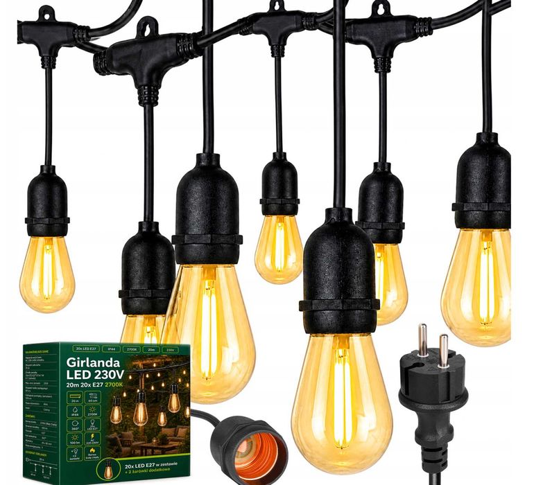 Girlanda Ogrodowa Świetlna 20M 20X Żarówka LED E27 + Przewód Wodoszczelna