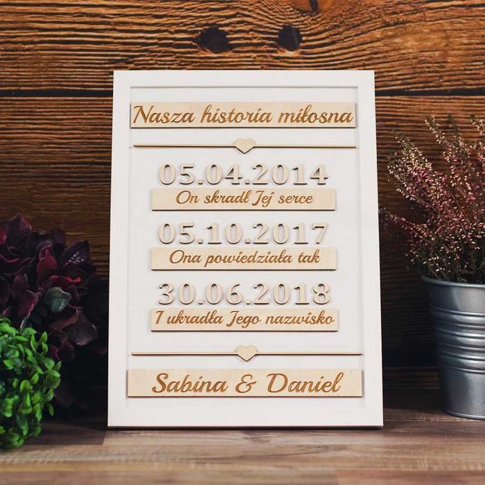 Nasza historia miłosna w białej ramce, prezent ślub, rocznica [4_4b]