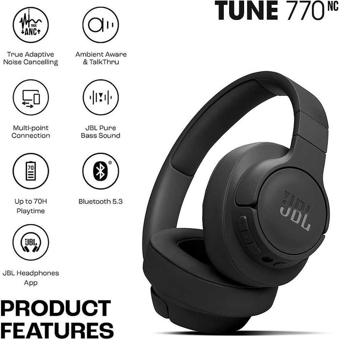 JBL Tune 770 NC Black Headphones (Noise Cancelling Bluetooth)64284284383874122