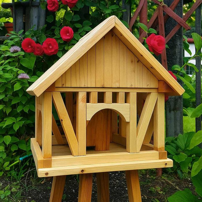 Drewniany domek szachulcowy karmnik z zasobnikiem na ziarno