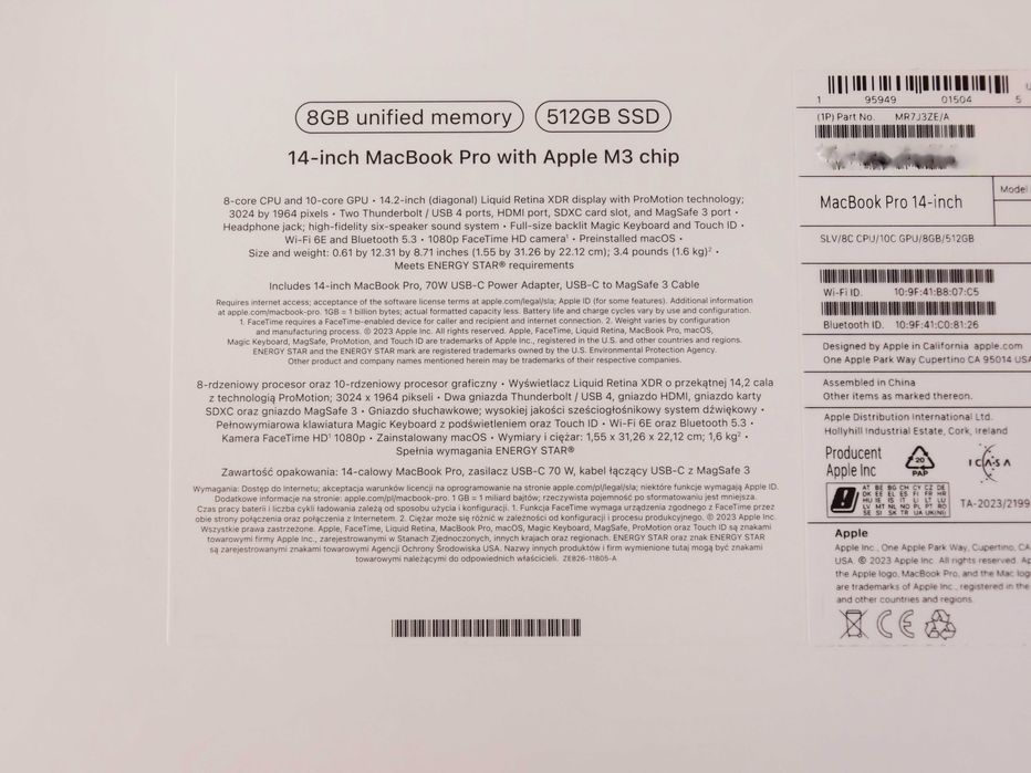 NOWY MacBook Pro 14" M3 8GB/512GB Silver - 12 m-cy gwarancji + faktura