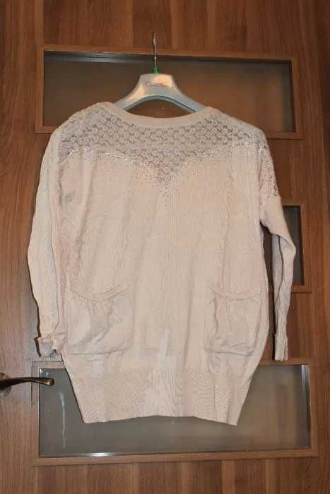 Ecru / kremowy beżowy sweter damski z koronką duży rozmiar XL
