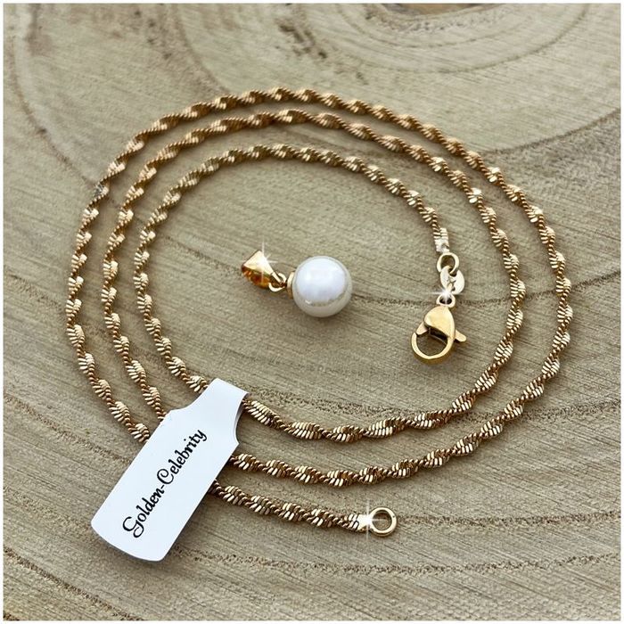 Damski Złoty Łańcuszek Stal 316l Wisiorek Zawieszka Biała Perła + Dedy