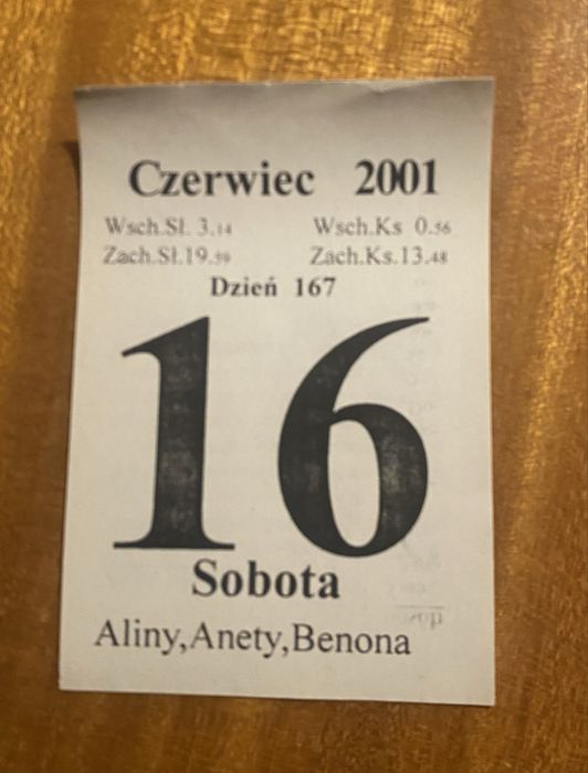 Kartka z kalendarza 16.06.2001  Rezerwacja