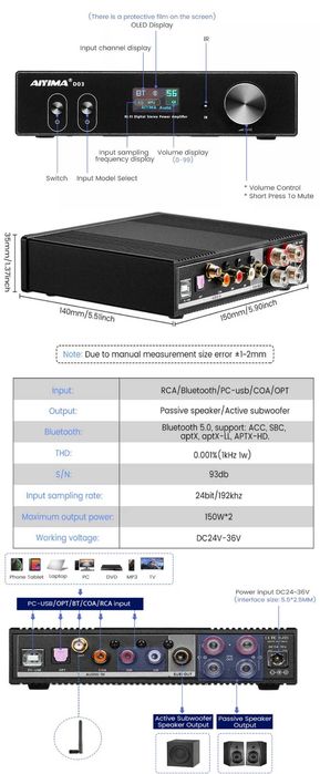 ЦАП Bluetooth/optic/usb підсилювач "AIYIMA D03" HiFi DIY 2,1 150Wx2 + Блок живлення 216W-36V6A