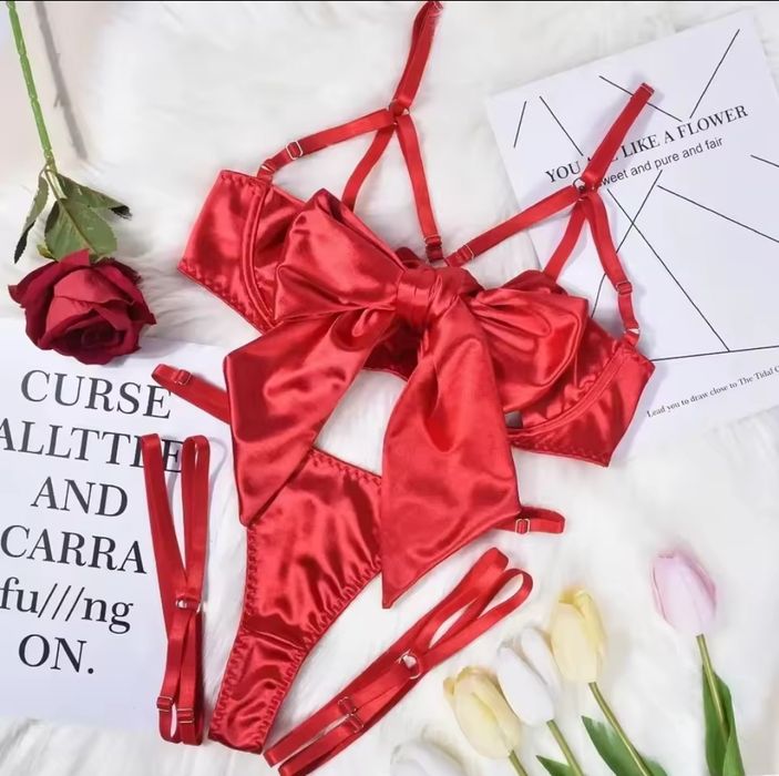 Еротичний атласний комплект з бантом, нижня білизна сексі, вишуканий