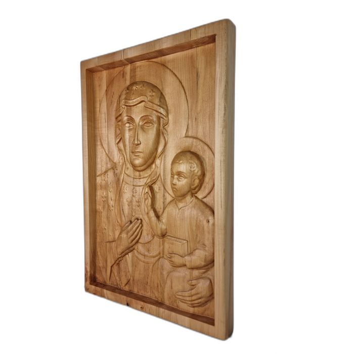 Matka Boska Częstochowska z Dzieciątkiem – lipowa płaskorzeźba 36,5 × 55 cm