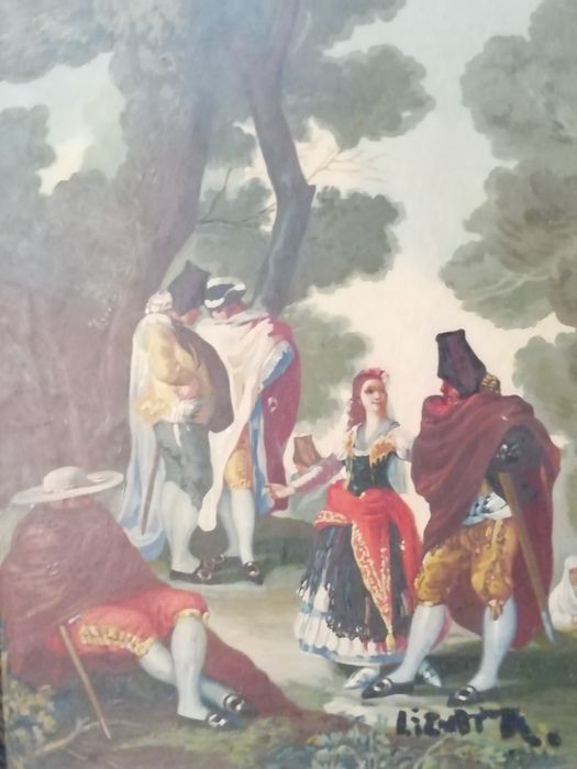 Obraz Scena rodzajowa sygn. Lizut R. Wym. 40x20 cm. Zamienię