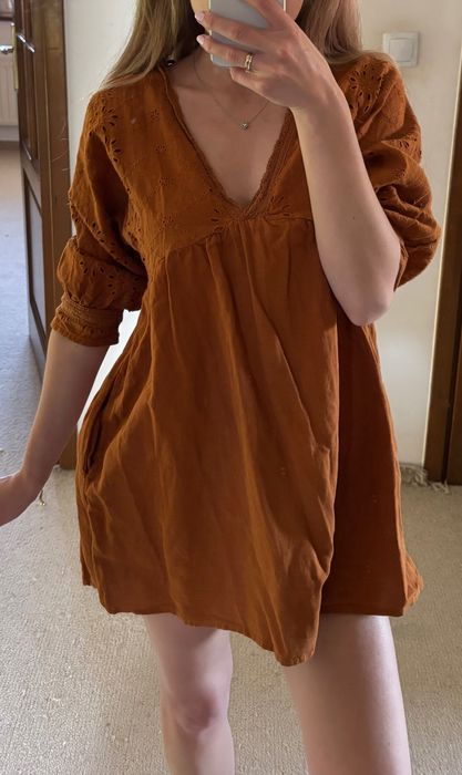 Brązowa sukienka krótki kombinezon boho na lato bawełna camel Zara