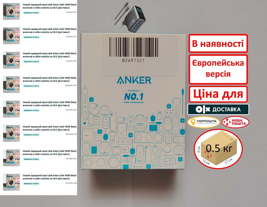Новий зарядний пристрій Anker GaN 140W Black з екраном (B26973Z1) 4xUSB (3xType-C+Type-A) + кабель 240W ![Ціна включає в себе комісію за OLX Доставку]