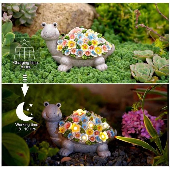 Solarna dekoracja ogrodowa, figurka żółwia z kwiatami