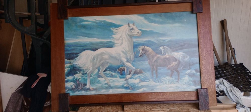 Quadro pintado  á mão.  com.  cavalos