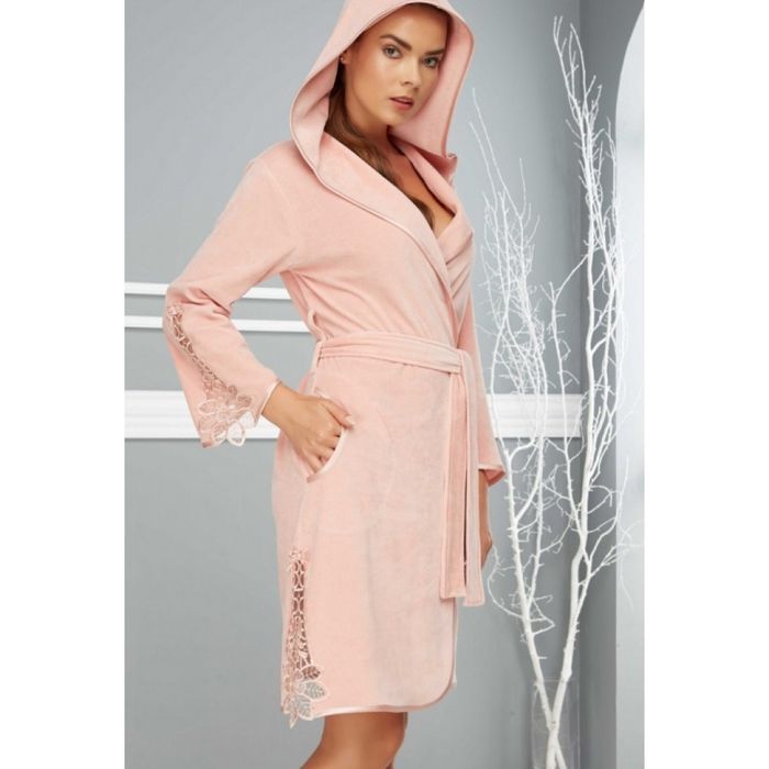 Халаты женские Nusa укороченные с гипюром бамбук/хлопок пудра