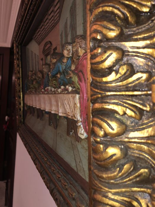 Quadro ultima seia em baixo relevo e talha dourada