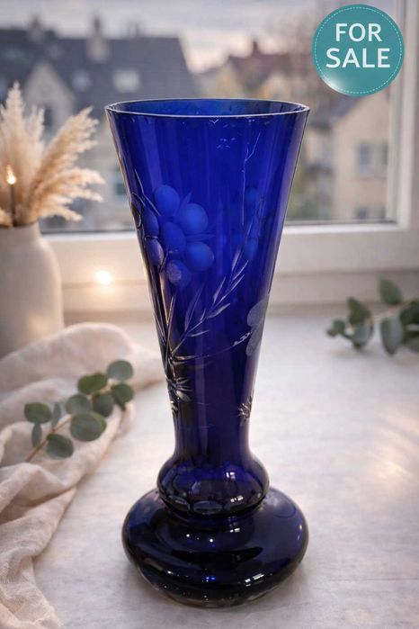 Wazon Ząbkowice – polskie szkło vintage PRL, niebieski