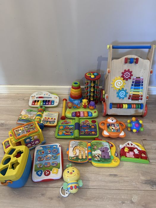 Duży zestaw zabawek, autobus edukacyjny, drewniany chodzik, sorter