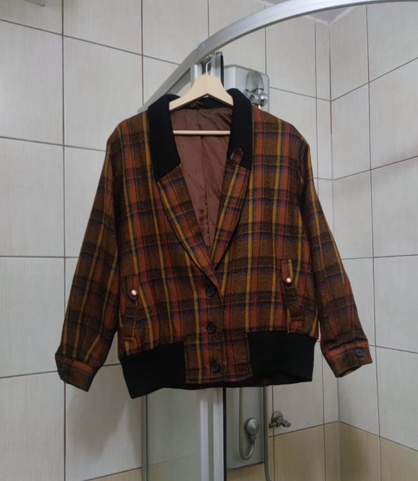 kurtka L Ladies Fashion damska elegancka brązowa pomarańczowa w kratę