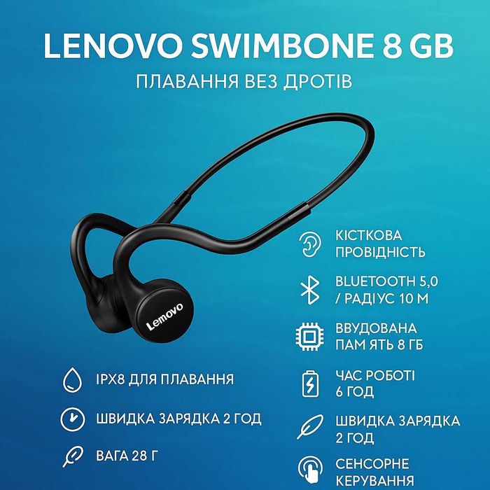 Lenovo 8 GB — кісткові бездротові навушники, з якими можна плавати